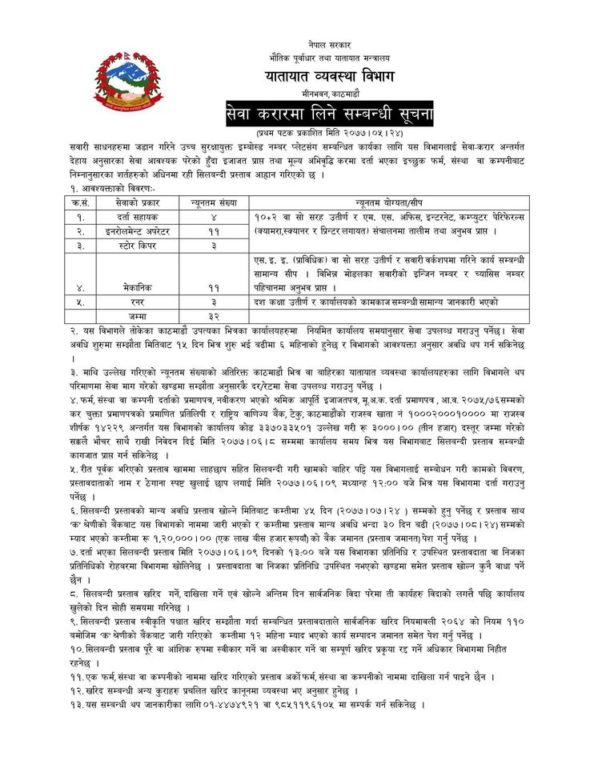 यातायात व्यवस्था विभागमा जागिरको अवसर, १० कक्षादेखि प्लस टु पास गरेकालाई मान्यता