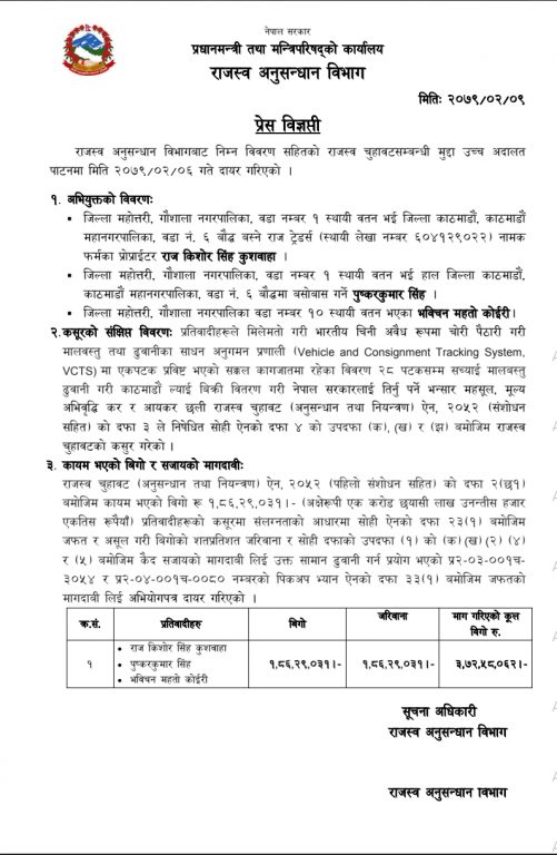 भारतीय चिनी अवैध बाटोबाट ल्याई बेच्ने ३ विरुद्ध मुद्धा दायर, ३ करोड ७२ लाख रुपैयाँ विगो दाबी 